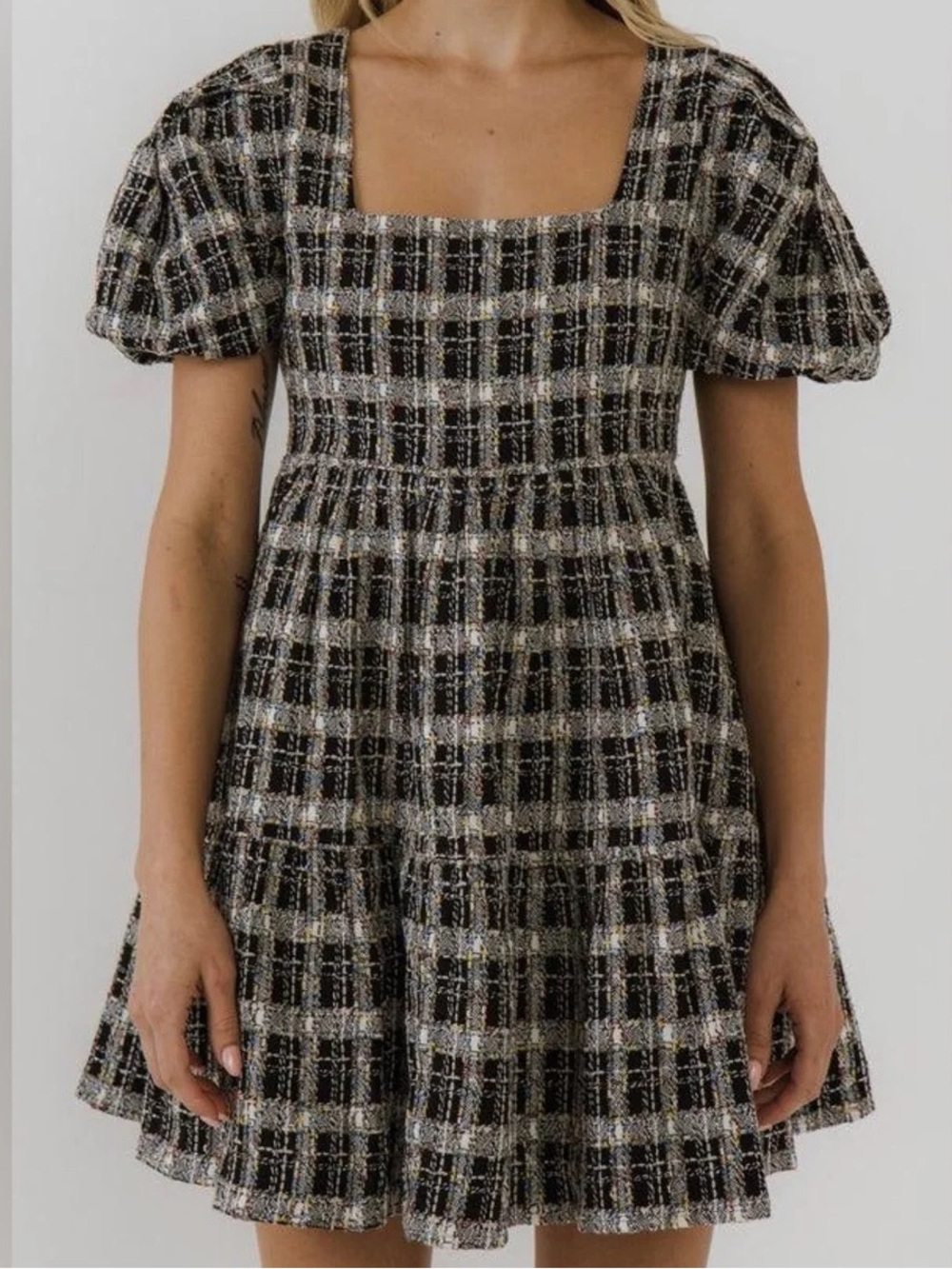 English Factory Multi Tweed Puff Sleeve Minidress